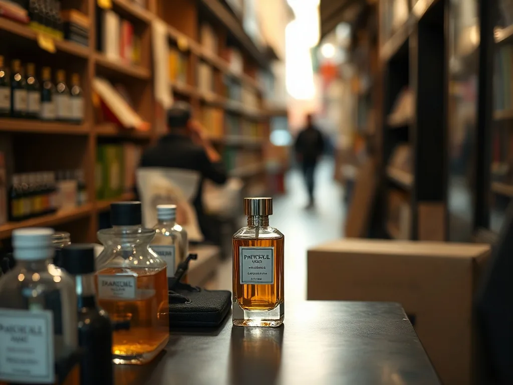 Flacon de parfum féminin au patchouli posé sur un fond de feuilles vertes, ambiance naturelle et élégante