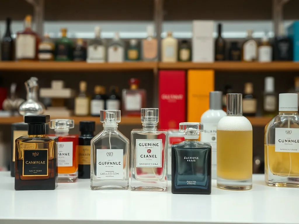 Flacon de parfum générique sobre à côté d’un échantillon de grande marque sur fond de matières premières: fleurs, bois, agrumes