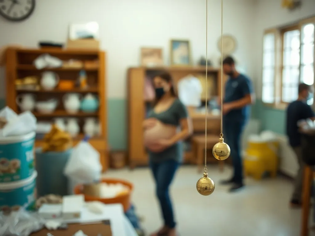 Pendule en cristal au-dessus d'un ventre de femme enceinte, arrière-plan flou