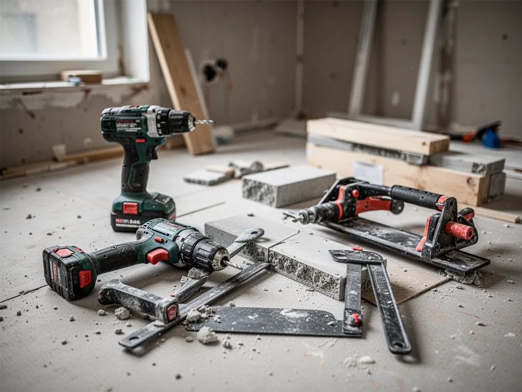 Un carnet de chantier ouvert sur une table, avec échantillons de matériaux, mètre ruban, crayon et plans de rénovation