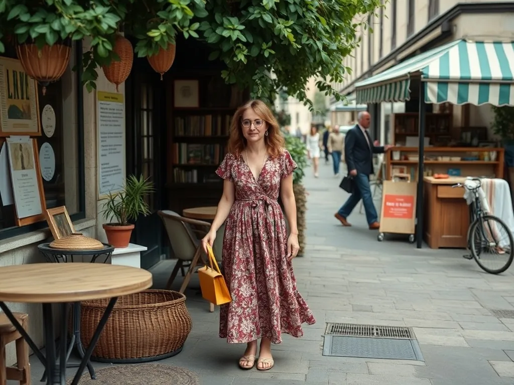 Femme portant une robe longue bohème fleurie, debout dans un champ, accessoires sobres, lumière dorée