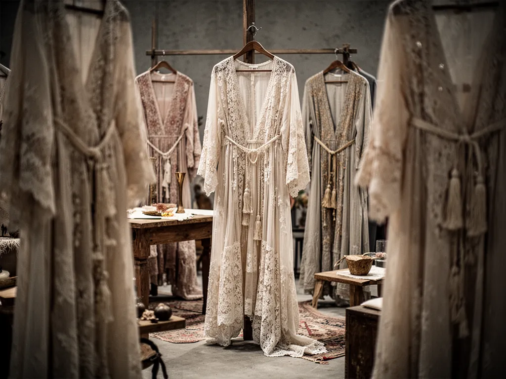Femme portant une robe bohème en coton imprimé fleuri, debout dans un jardin, manches longues légères, coupe fluide