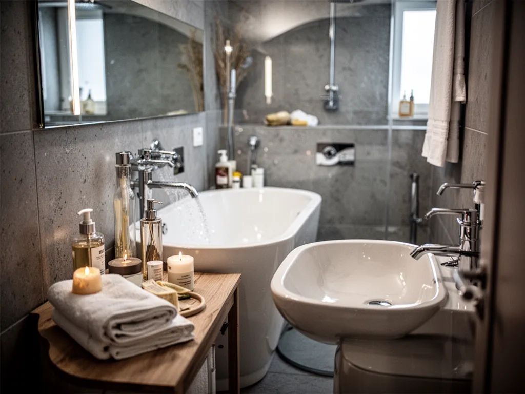 Salle de bains baignée d'une lumière chaude, baignoire en fonte émaillée blanche, mur en tadelakt beige, panier en osier garni de serviettes en lin froissé, branche d'eucalyptus posée sur le rebord