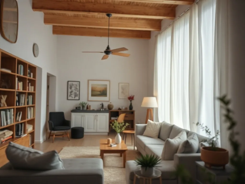 Salon blanc et bois lumineux avec canapé beige, table basse en bois clair et coussins texturés