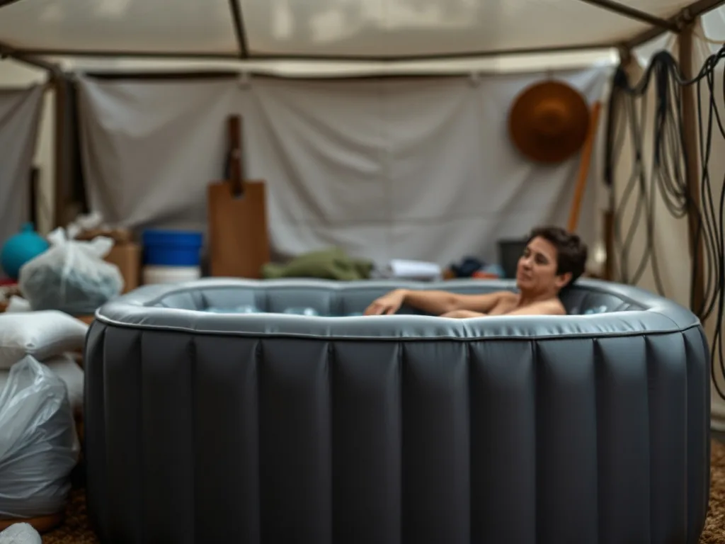 Spa gonflable rond entouré d'un habillage en bois clair sur une terrasse, avec un côté laissé amovible pour accéder au bloc