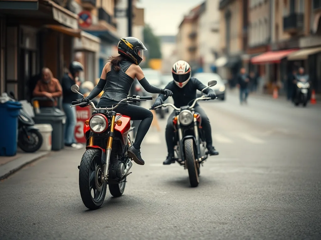 Femme en combinaison intégrale exécutant un wheeling sur une moto sportive préparée pour le stunt, sur une piste fermée