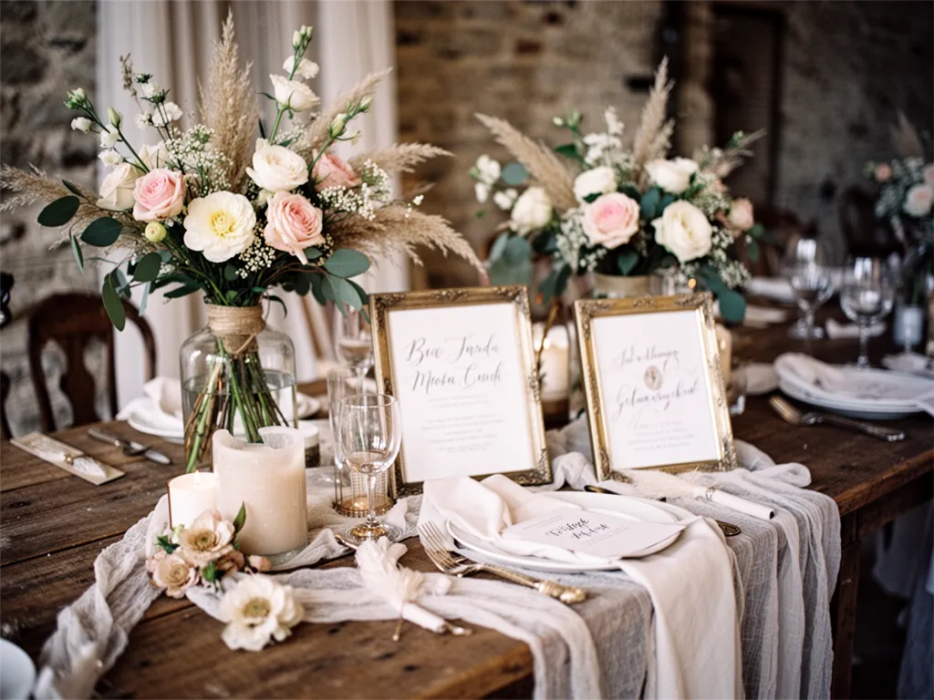 Mariée ou invitée en robe fluide crème, dentelle légère, fleurs séchées dans les cheveux, décor champêtre flou en arrière-plan