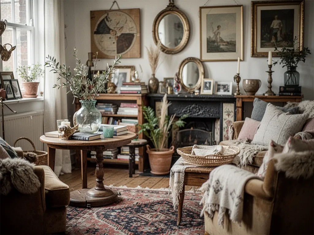 Salon lumineux avec canapé clair, tapis texturé, table basse en bois, fauteuil en rotin, coussins en lin et plantes vertes