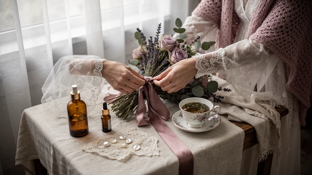 Mariée en robe fluide ivoire, dentelle délicate, couronne de fleurs sauvages, arrière-plan champêtre flou