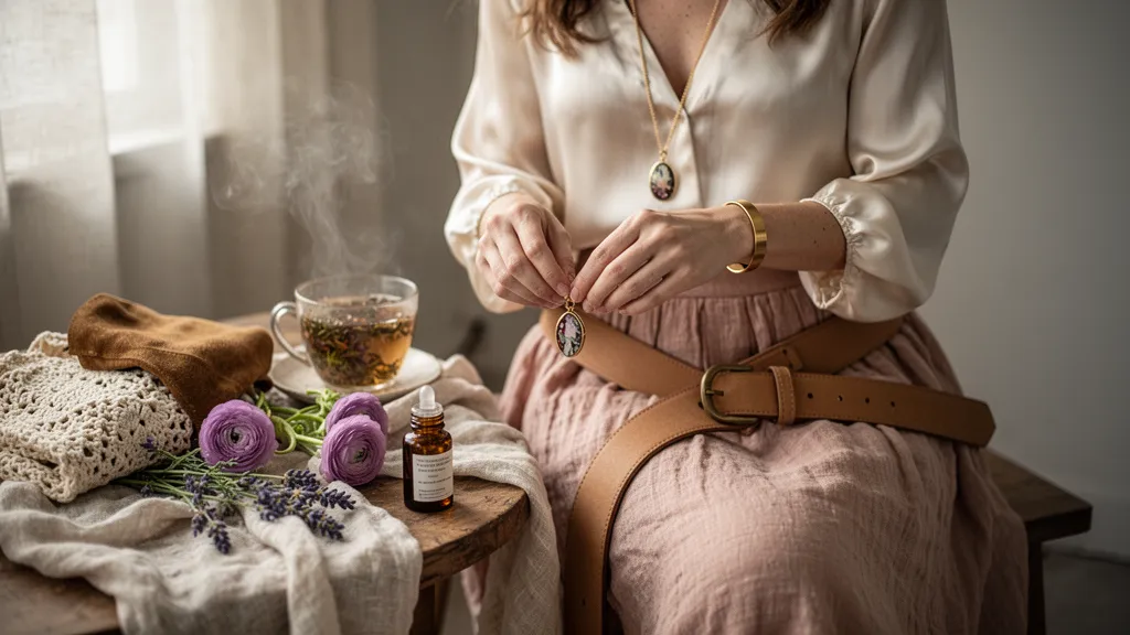 Tenue bohème chic : robe fluide à imprimé floral, veste en daim claire, accessoires en laiton, fond neutre