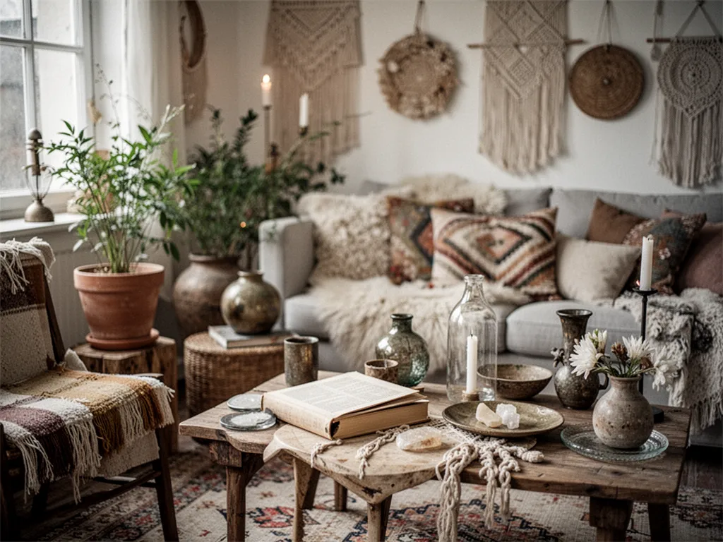 Salon lumineux avec canapé clair, tapis texturé, coussins à motifs, meubles en bois, plantes suspendues et accessoires en fibres tressées