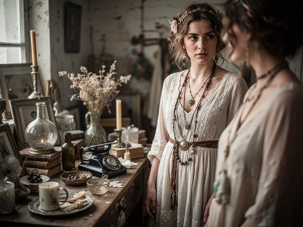 Femme portant une robe fluide imprimée, des bijoux dorés fins et un chapeau clair dans une rue ensoleillée