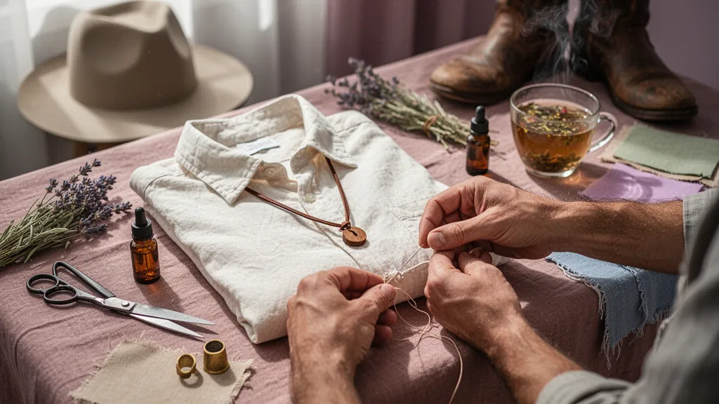 Homme en tenue bohème sobre : chemise en lin, pantalon fluide, bracelets en corde, paysage urbain en arrière-plan