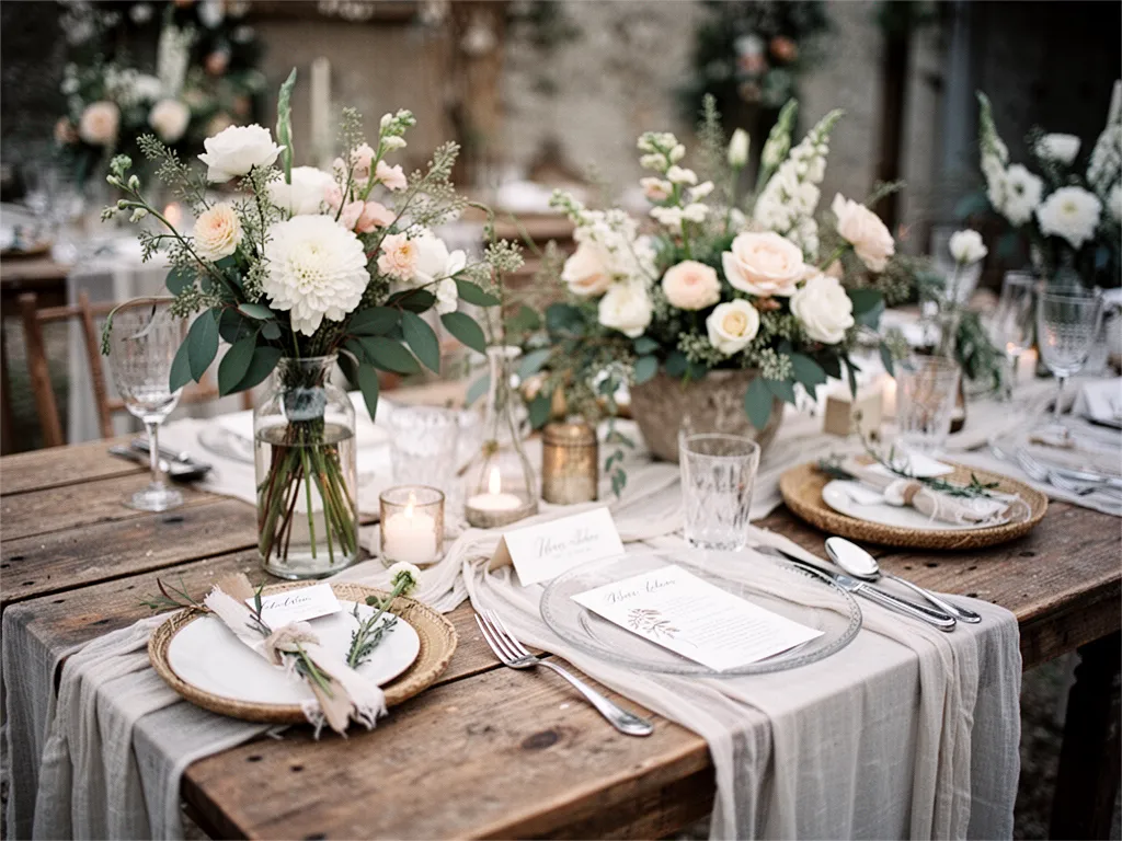 Couple de dos sous un arche en bois décorée de fleurs sauvages, ambiance dorée à la fin d'après-midi