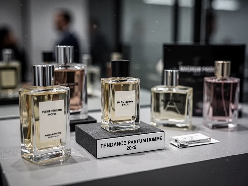 Flacons de parfum masculins alignés sur une étagère sombre, avec reflets ambrés et vaporisateurs métalliques