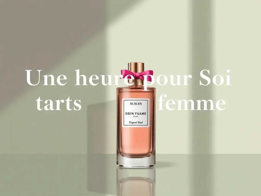 Flacon de parfum féminin posé sur un présentoir en institut Une Heure Pour Soi, éclairage doux, ambiance propre et rangée
