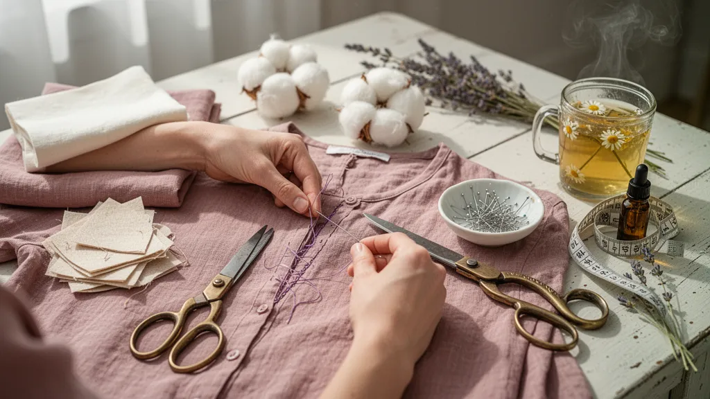 Atelier avec table de couture, tissu recyclé, ciseaux et une robe en cours de transformation