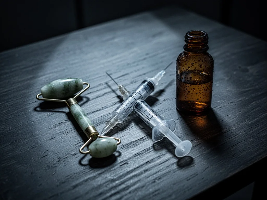 Three objects on a dark wooden table: a jade facial roller, a syringe, and a small amber glass bottle, condensation drop