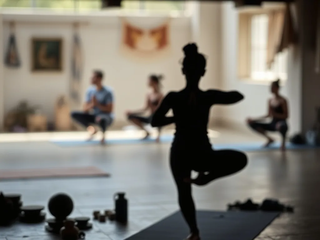 Femme pratiquant la posture du chien tête en bas sur un tapis de yoga, silhouette affinée, tenue de sport noire, plante verte en arrière-plan